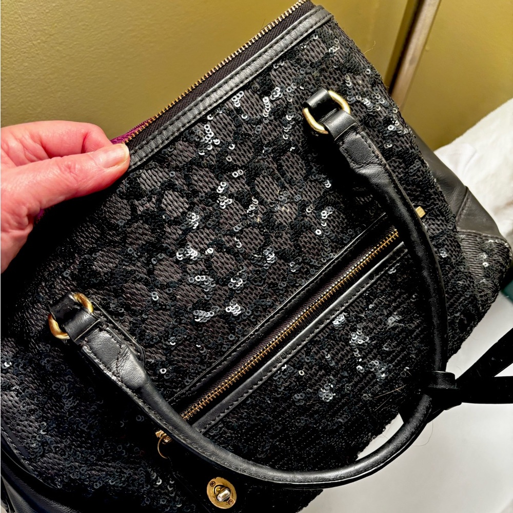 Authentic Coach Black Leather Sequined Poppy Signature Satchel F1320-26438
